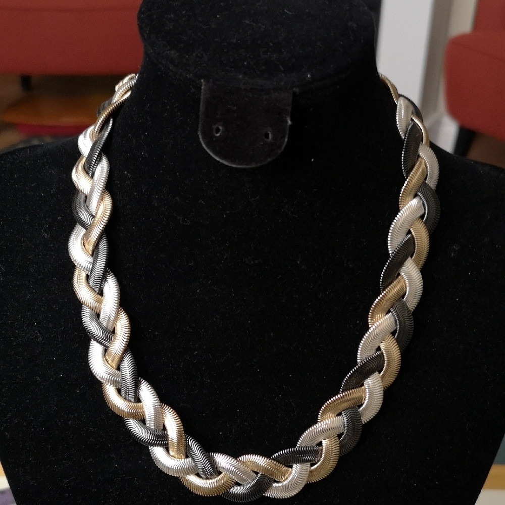 NWT ALFRED SUNG Tri-colour Gold, Silver, Slate Braided Necklace 7.5" Hang Length